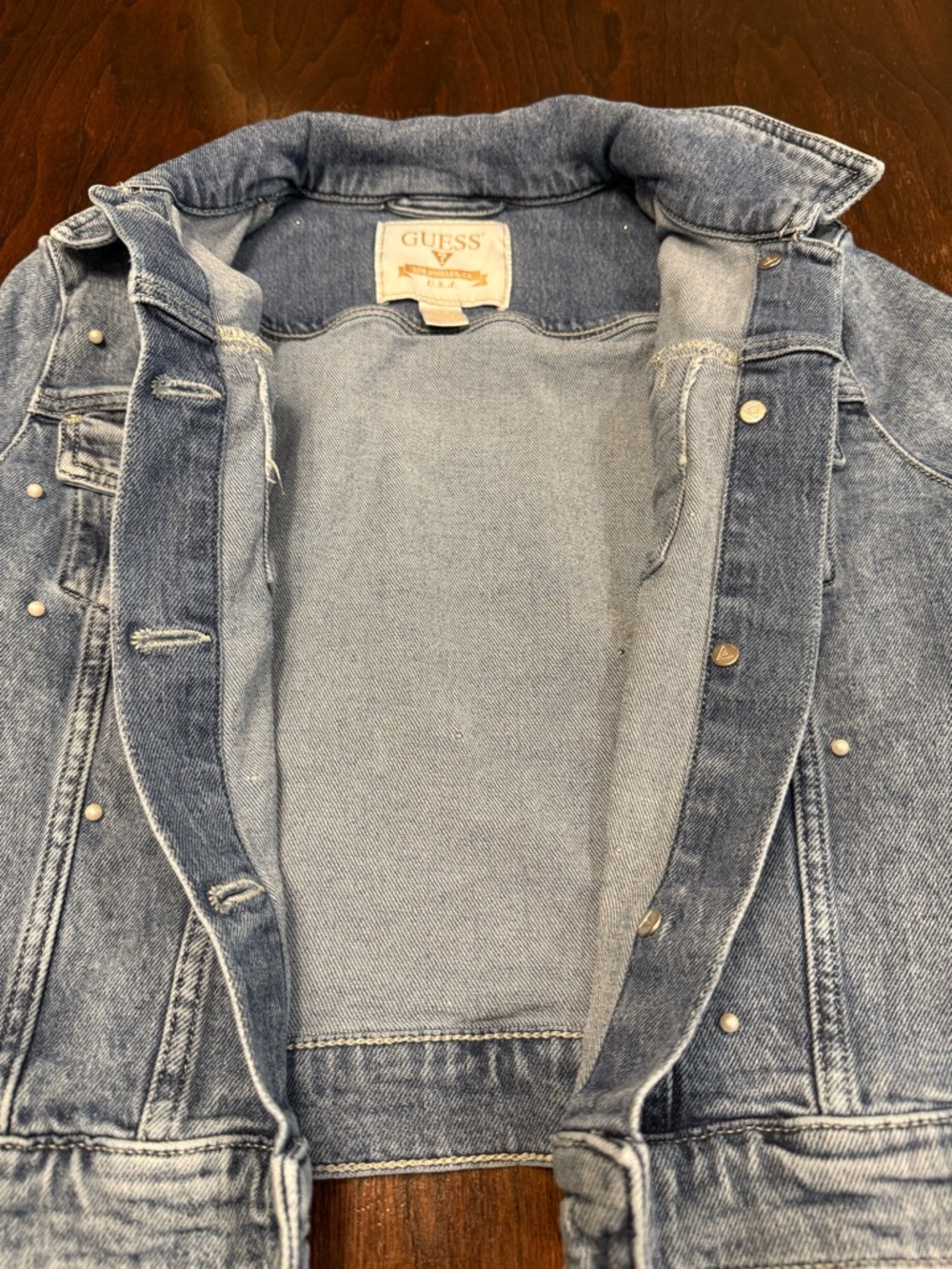 Vintage GUESS Pearl Denim Jacket. Y2K Light Wash Embellished Cropped Jean Coat S - Picture 7 of 16